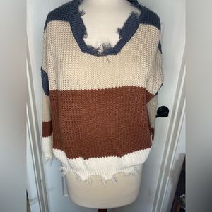 This & More Ribbed Sweater SMALL Gray Cream Brown Fray Hem Cropped Oversized